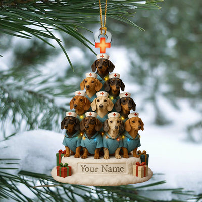 Personalized Dachshund Nurse Christmas Tree Ornament – Custom Name Dog Nurse Holiday Decor – Cute Wiener Dog Scrubs Ornament for Vet Techs & Healthcare Workers