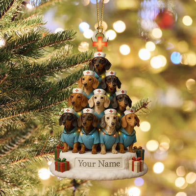 Personalized Dachshund Nurse Christmas Tree Ornament – Custom Name Dog Nurse Holiday Decor – Cute Wiener Dog Scrubs Ornament for Vet Techs & Healthcare Workers