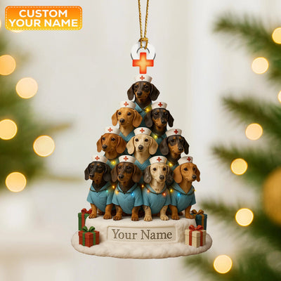 Personalized Dachshund Nurse Christmas Tree Ornament – Custom Name Dog Nurse Holiday Decor – Cute Wiener Dog Scrubs Ornament for Vet Techs & Healthcare Workers