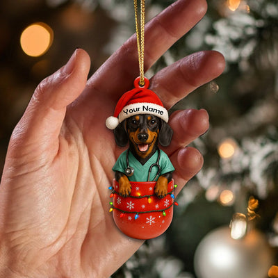 Dachshund Nurse Christmas Ornament – Custom Name Scrub Outfit Holiday Decor, Cute Medical Dog Xmas Gift for Healthcare Workers