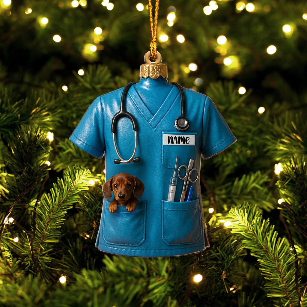 Personalized Nurse Scrub Ornament – Custom Name Pet Pocket Decor, Christmas Medical Gift for Nursing & Vet Workers