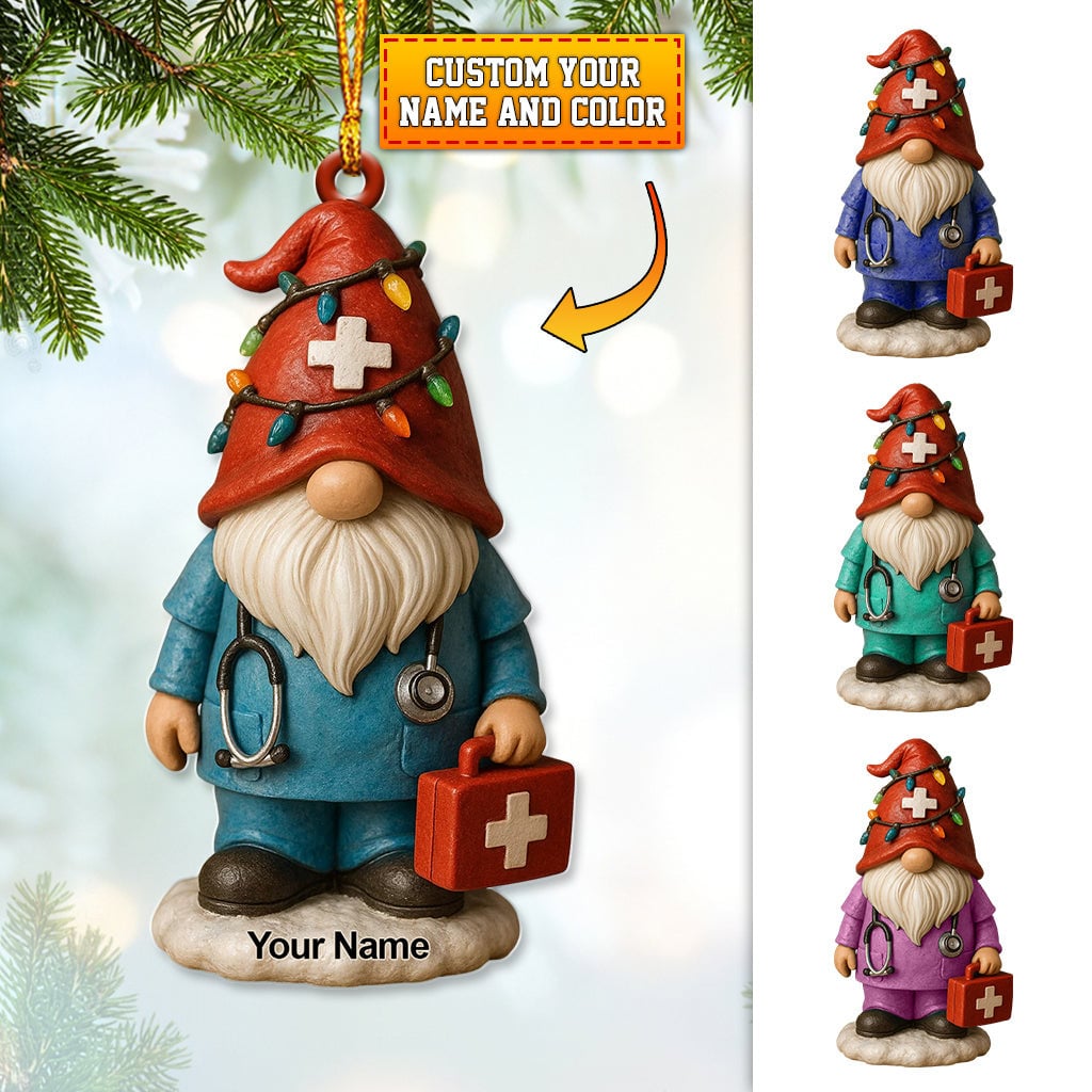 Personalized Medical Gnome Christmas Ornament, Custom Name Nurse Holiday Decor, Xmas Healthcare Gift For Nursing