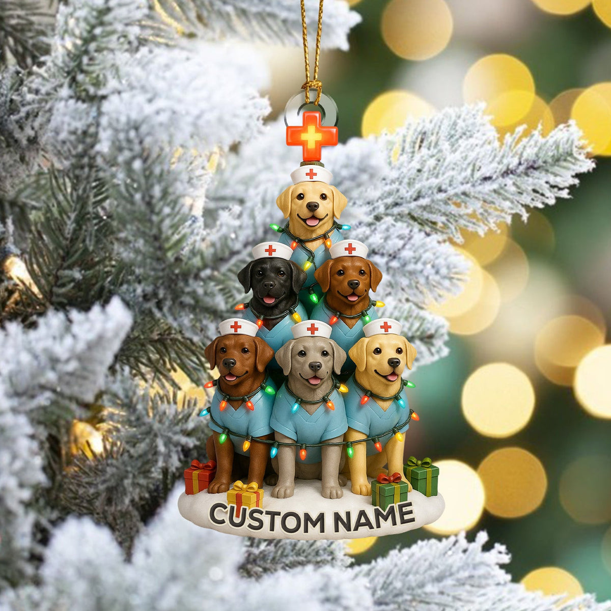 Personalized Nurse Dogs Christmas Tree Ornament – Custom Name Labrador Puppy Stack Holiday Decor – Cute Medical Dog Ornament for Nurses, Vets & Pet Lovers