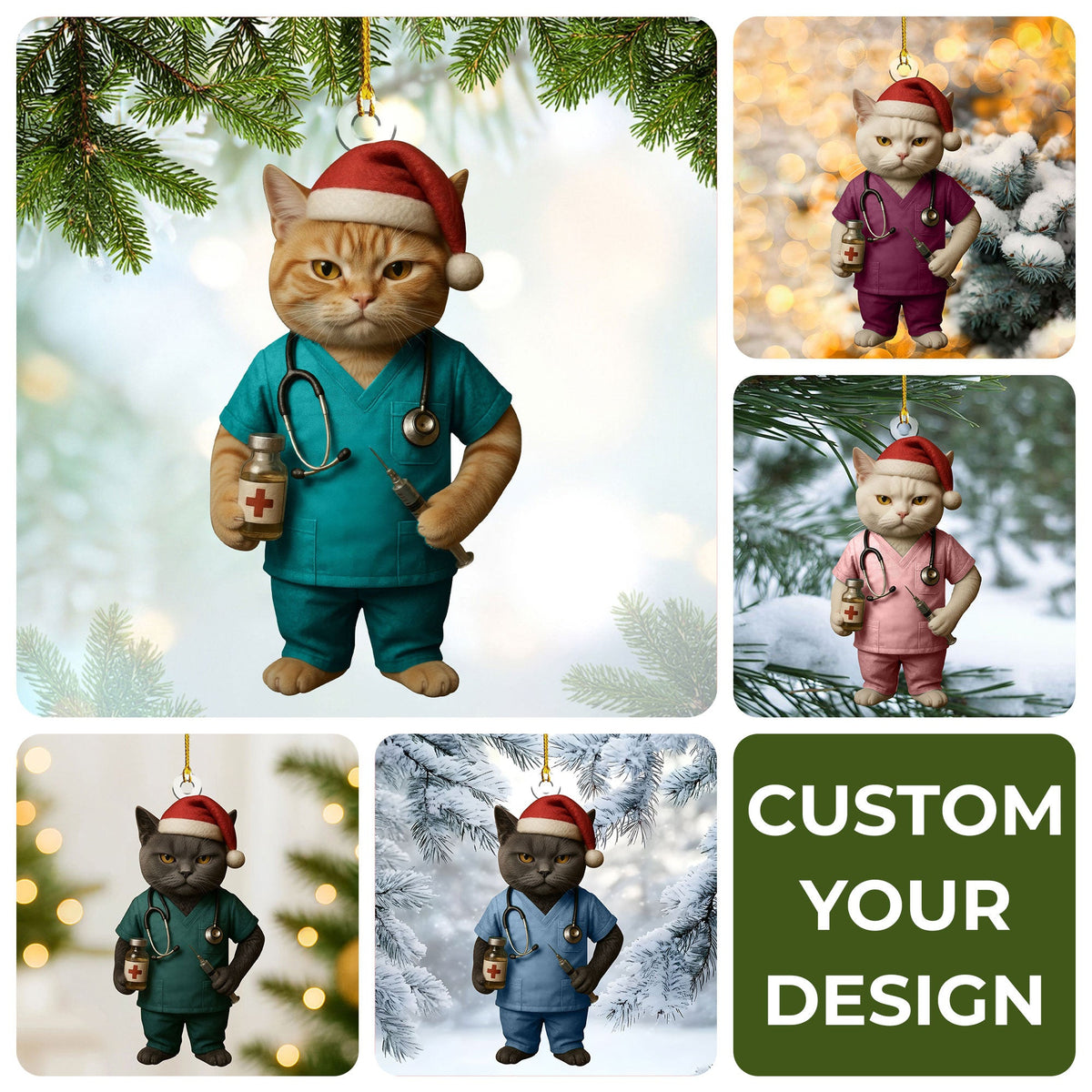 Personalized Christmas Cat Nurse Ornament - Funny Cat Doctor Xmas Tree Decor - Cute Medical Ornament Gift for Nurses and Doctors
