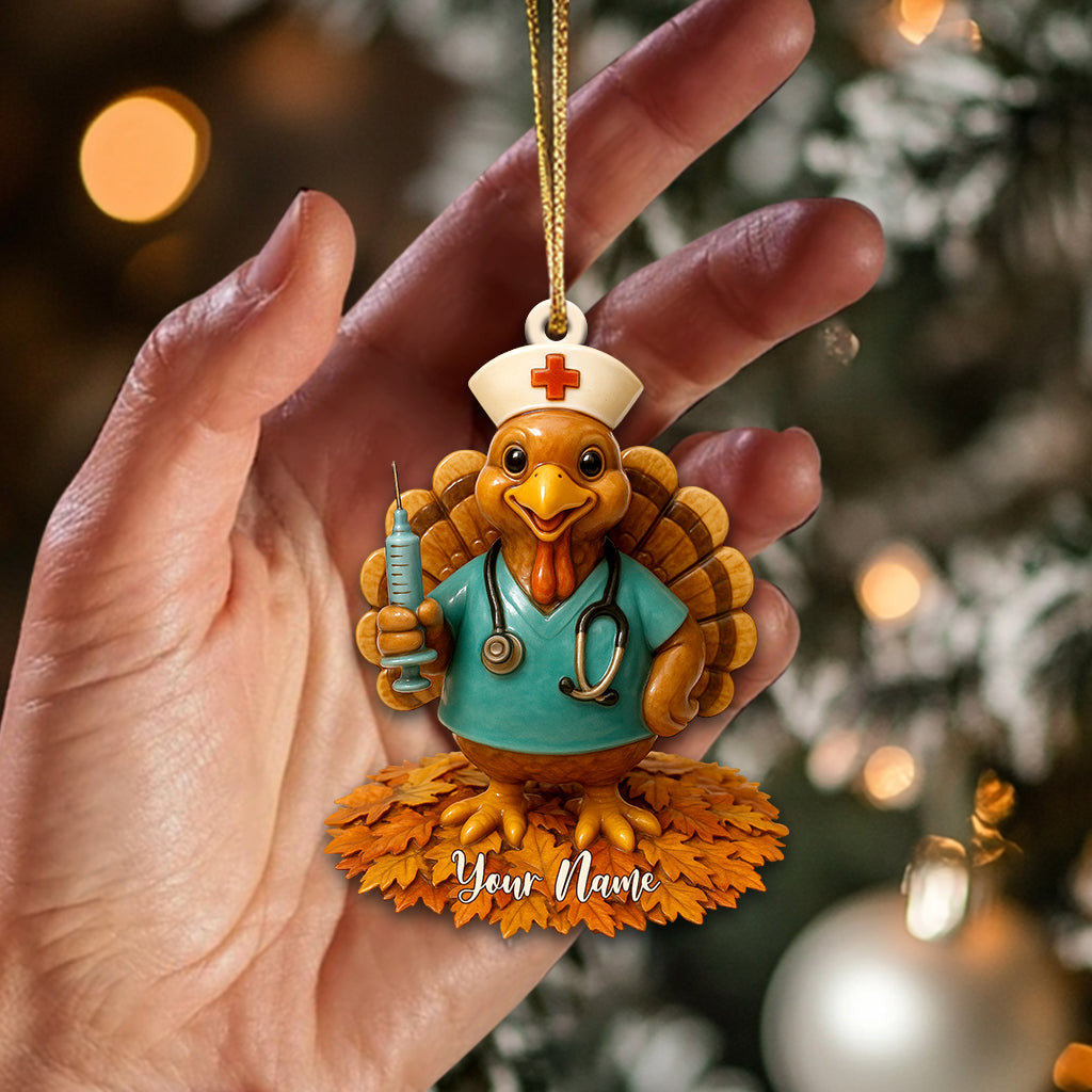 Personalized Nurse Turkey Christmas Ornament – Custom Name Funny Healthcare Decor, Cute Medical Scrub Gift for Nurses & Thanksgiving Humor
