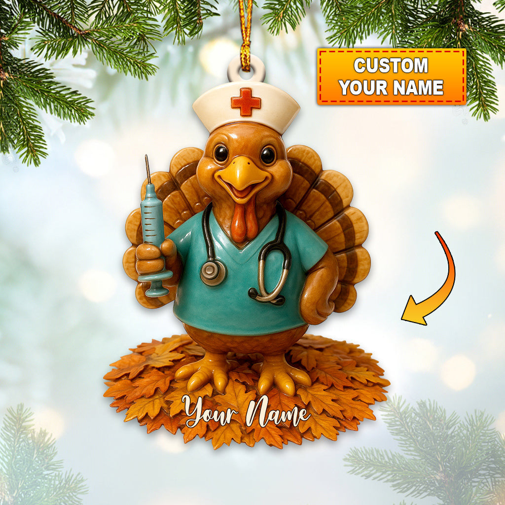 Personalized Nurse Turkey Christmas Ornament – Custom Name Funny Healthcare Decor, Cute Medical Scrub Gift for Nurses & Thanksgiving Humor