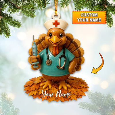 Personalized Nurse Turkey Christmas Ornament – Custom Name Funny Healthcare Decor, Cute Medical Scrub Gift for Nurses & Thanksgiving Humor