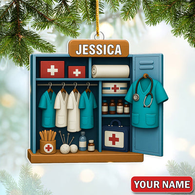 Personalized Nurse Locker Christmas Ornament – Custom Name Medical Scrubs & First Aid Cabinet Holiday Decor – Cute Doctor Ornament for Healthcare Workers