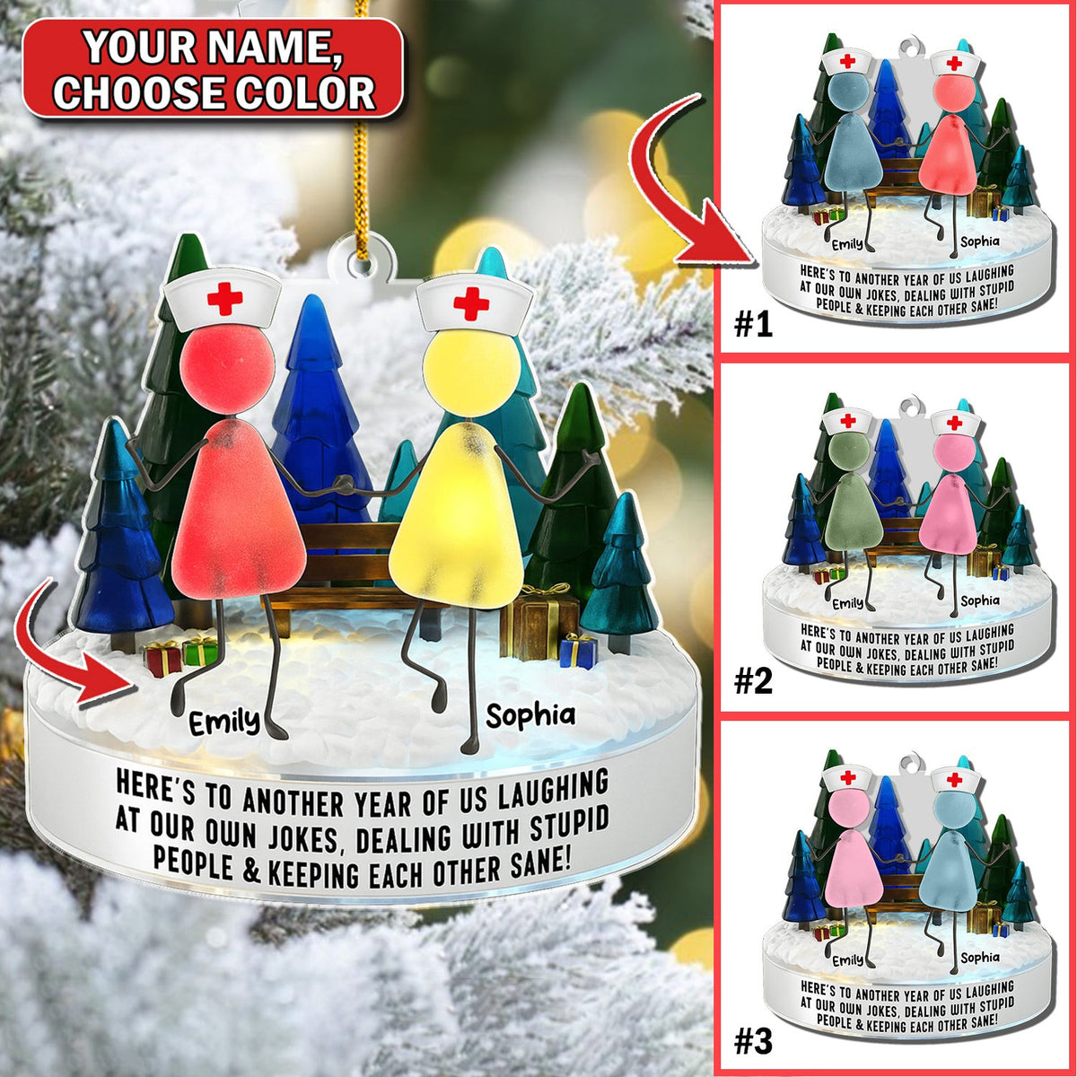 Personalized Nurse Besties Ornament, Custom Name Nursing Friends Christmas Gift, Funny Medical Staff Xmas Keepsake for Coworkers