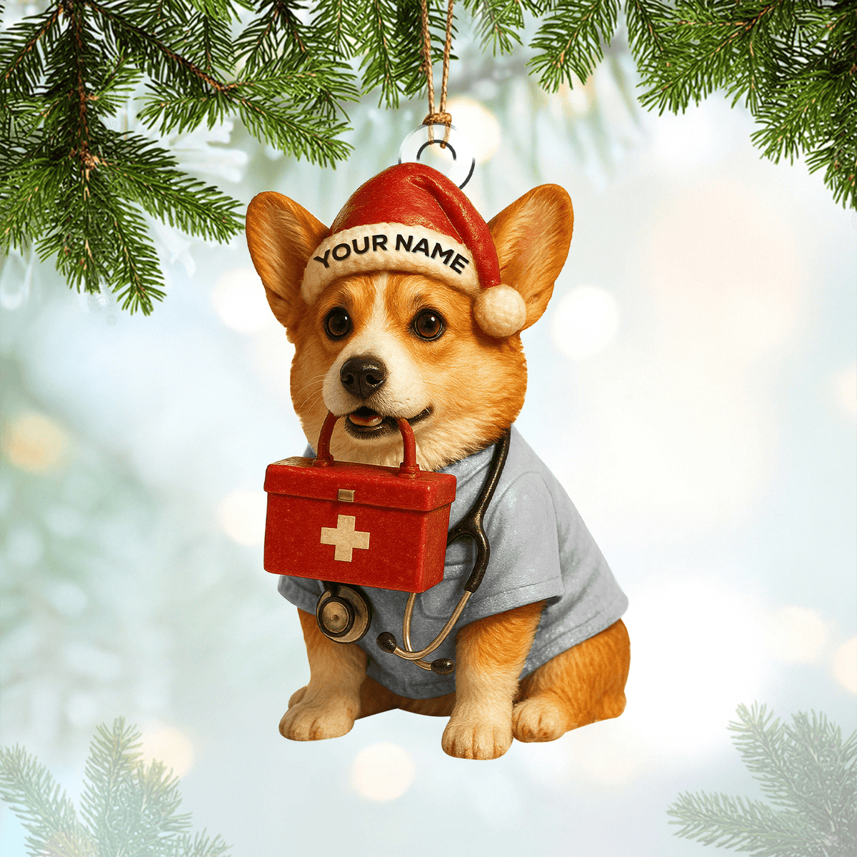 Personalized Corgi Nurse Christmas Ornament, Custom Name Dog Lover Ornament, Cute RN Holiday Gift for Healthcare Workers