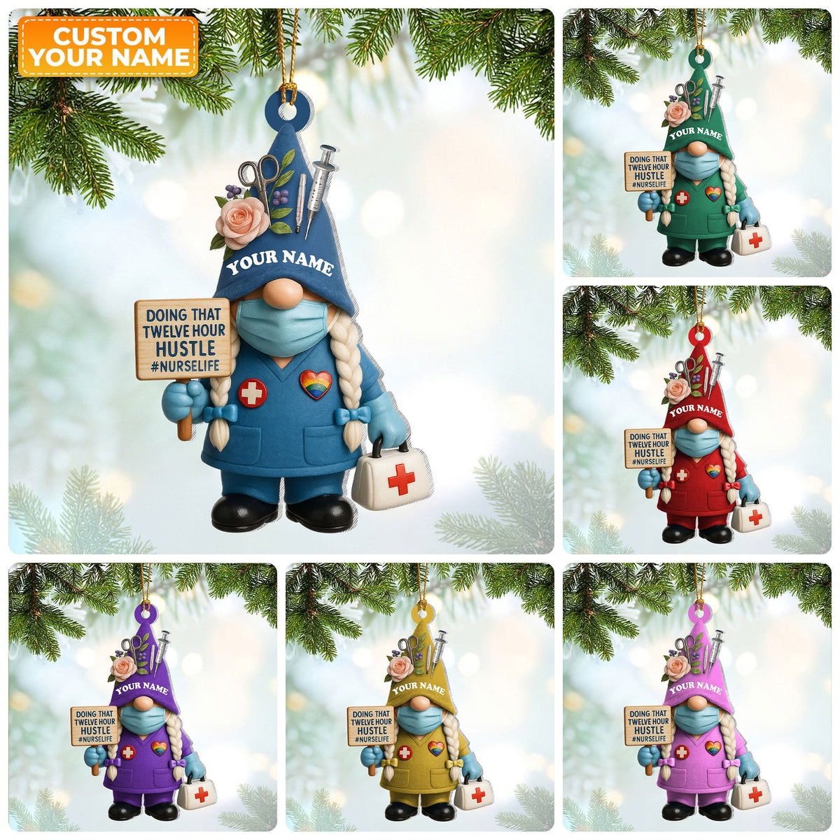 Personalized Nurse Gnome Ornament, Christmas Gift, Twelve Hour Hustle NurseLife, RN LPN CNA Gift