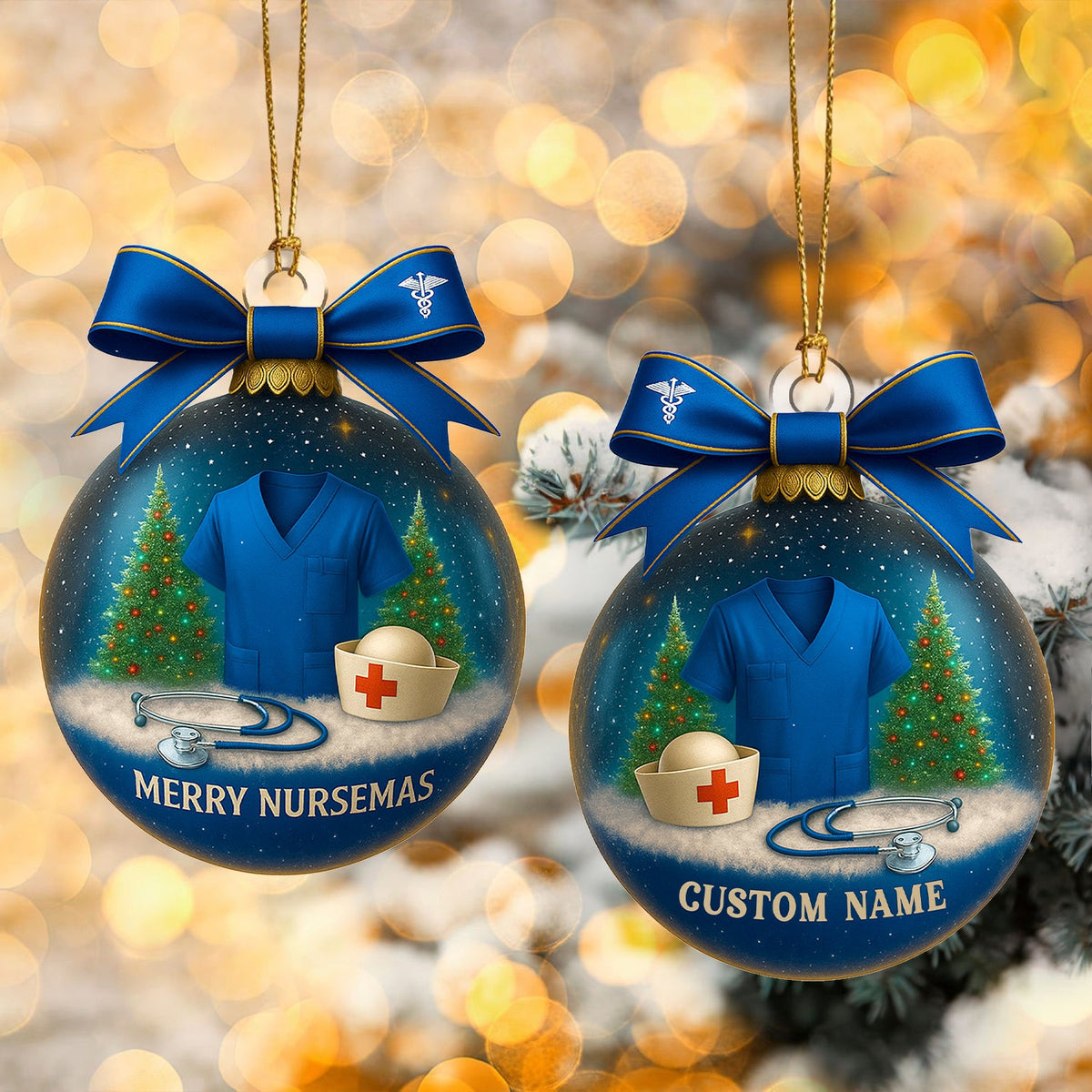 Custom Name Nurse Ornament, Blue Scrub Christmas Ornament With Bow, Merry Nursemas Medical Ornament, Holiday Gift for RN And Doctor