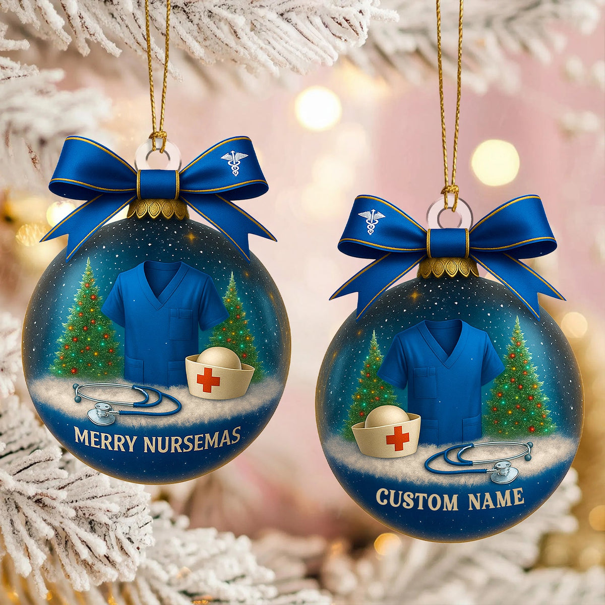 Custom Name Nurse Ornament, Blue Scrub Christmas Ornament With Bow, Merry Nursemas Medical Ornament, Holiday Gift for RN And Doctor