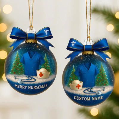 Custom Name Nurse Ornament, Blue Scrub Christmas Ornament With Bow, Merry Nursemas Medical Ornament, Holiday Gift for RN And Doctor