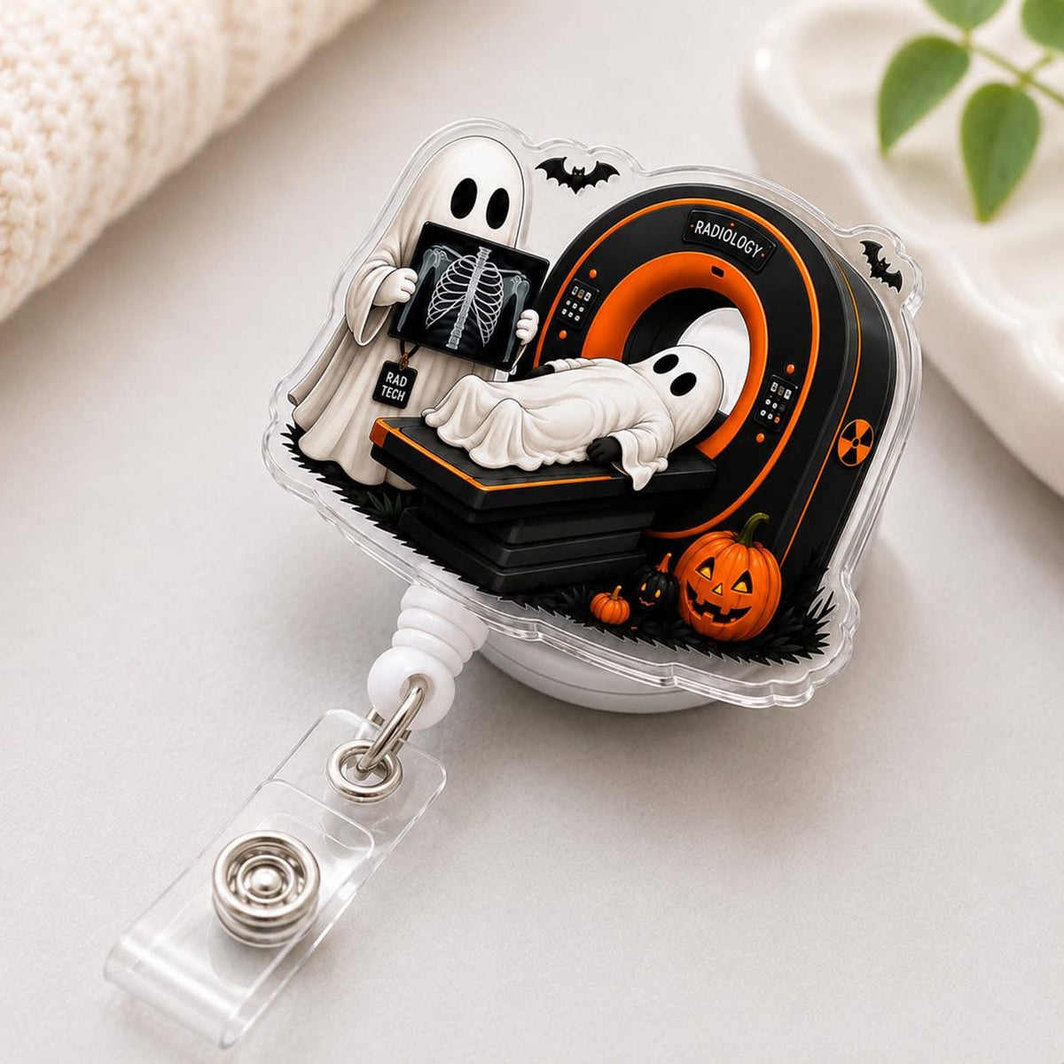 Cute Halloween Radiology Badge Reel, Ghost CT Scanner ID Holder Gift for Rad Tech