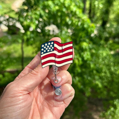 American Flag Badge Reel, Patriotic USA ID Holder, Retractable Clip, Americana Style