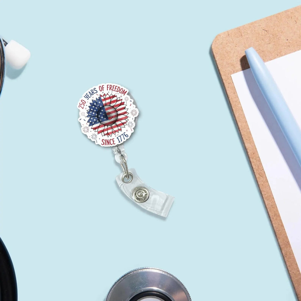 Patriotic Sunflower Badge Reel, American Flag Retractable Badge Reel, USA 250th Birthday Gift For Nurse