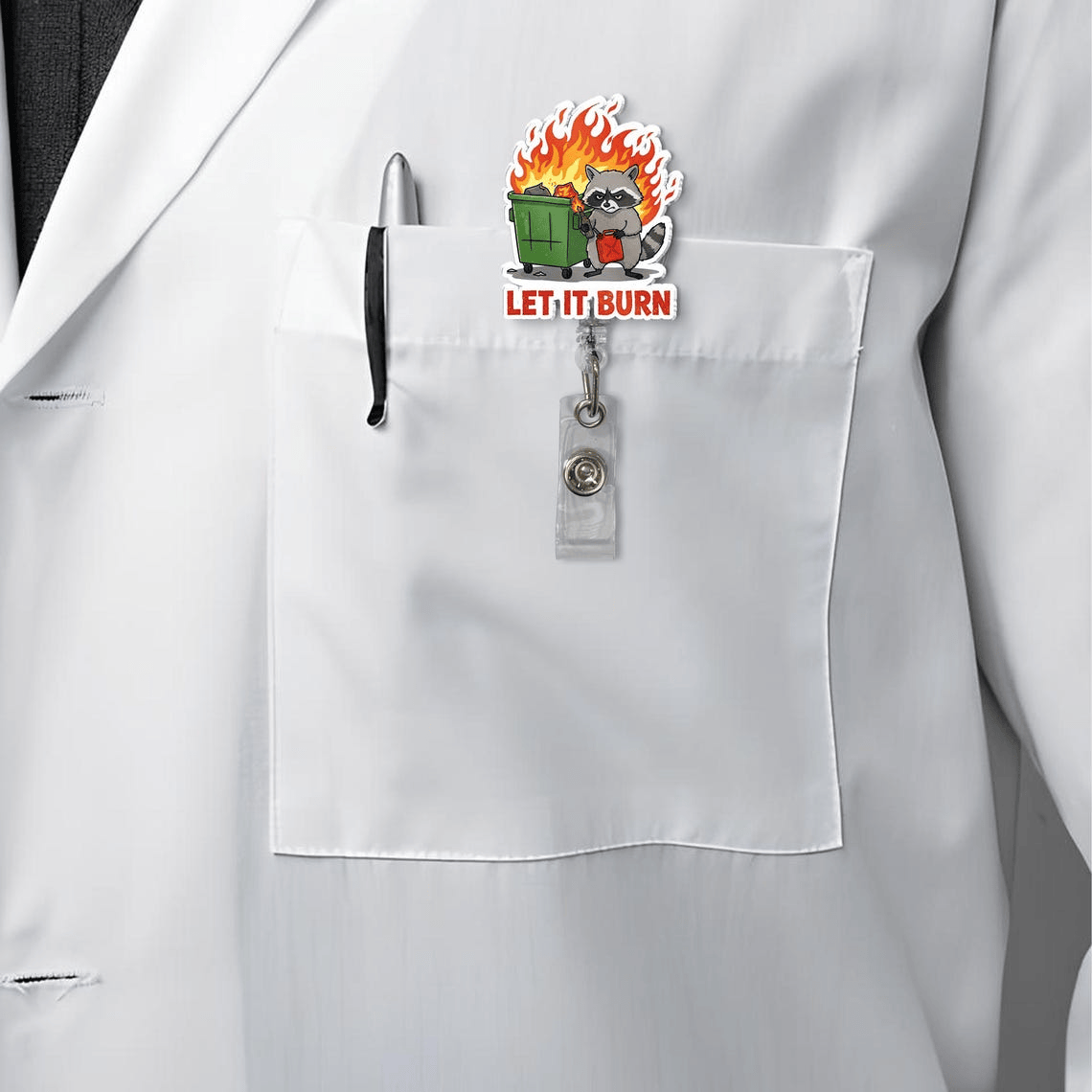 Funny Raccoon Badge Reel, Let It Burn Dumpster Fire ID Holder, Gift for RN LPN CNA ER