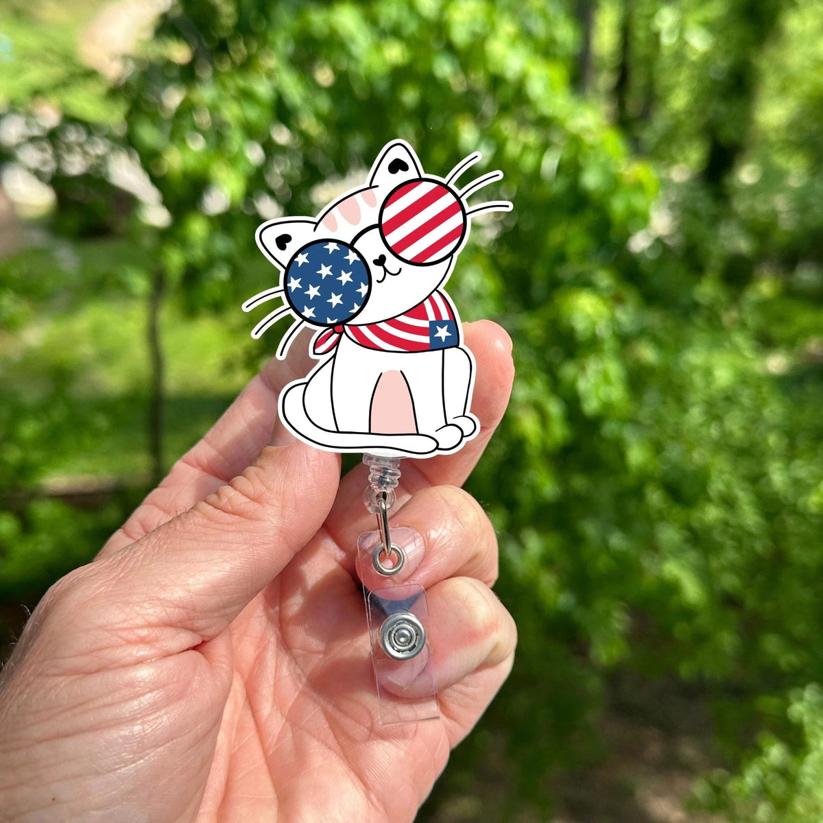 4th of July Cat Badge Reel – Patriotic Kitty ID Holder, Retractable Nurse Clip
