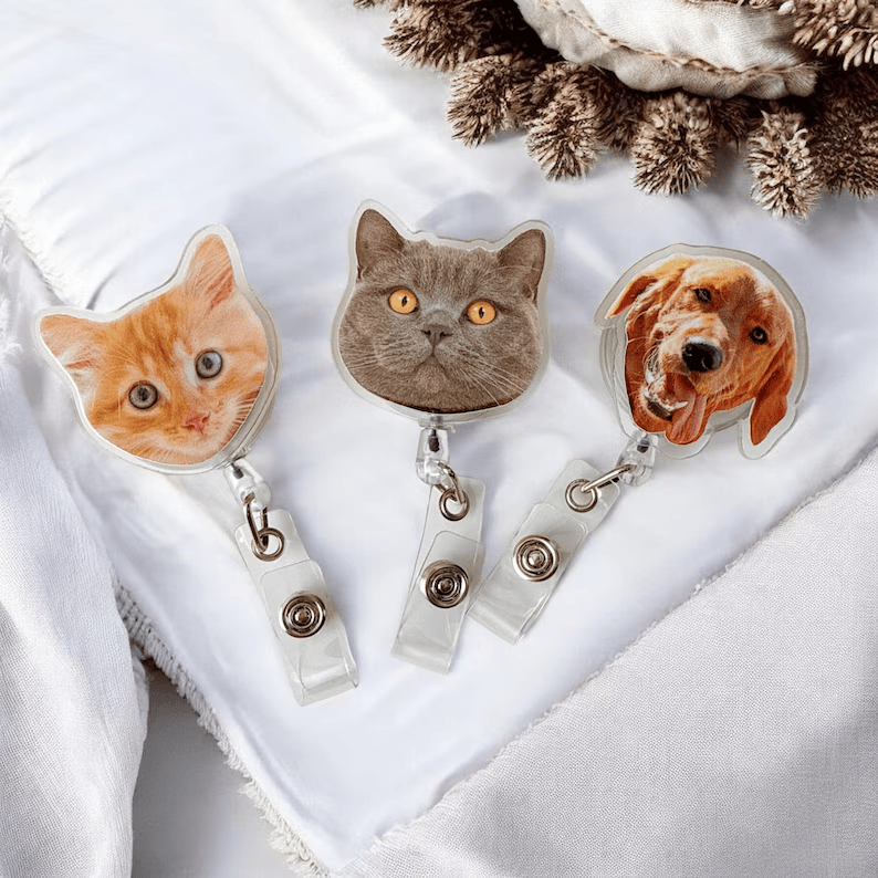 Custom Pet Face Badge Reel for Nurses & Doctors, Cute Dog Cat ID Holder Clip, Retractable Work Badge, RN LPN CNA Gift