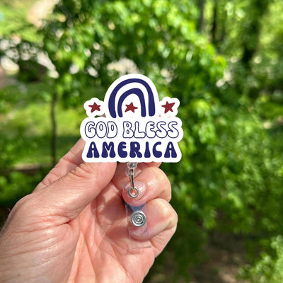 God Bless America Badge Reel, Patriotic Stars ID Holder, Retractable Clip, Americana Nurse Accessory