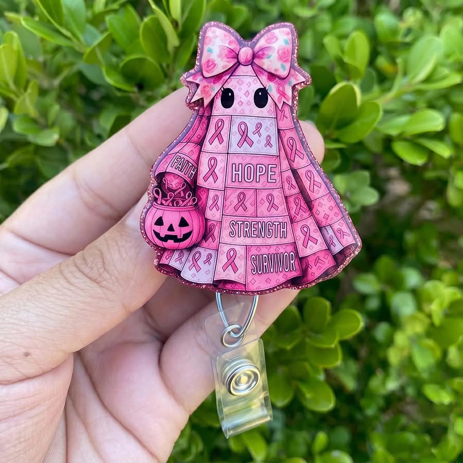 Halloween Breast Cancer Awareness Angel Badge Reel, Pink Ribbon ID Holder for Nurses