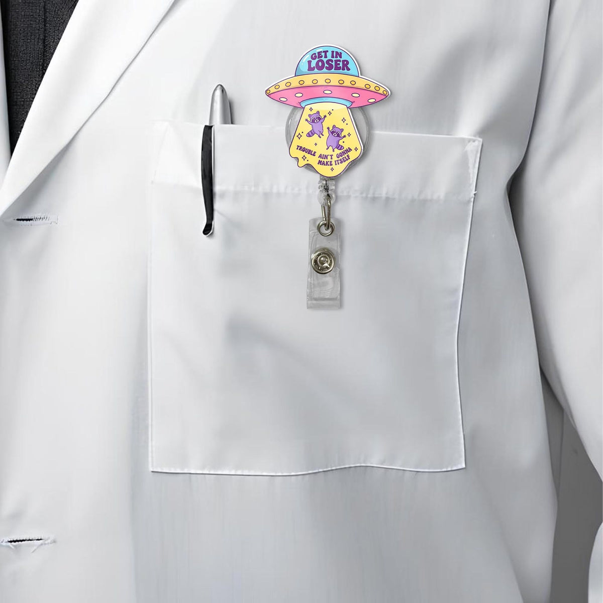 Funny Alien Raccoon UFO Badge Reel For Nurses & Doctors, Funny Black Cat ID Holder Clip