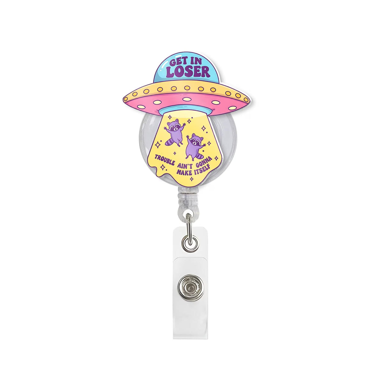 Funny Alien Raccoon UFO Badge Reel For Nurses & Doctors, Funny Black Cat ID Holder Clip