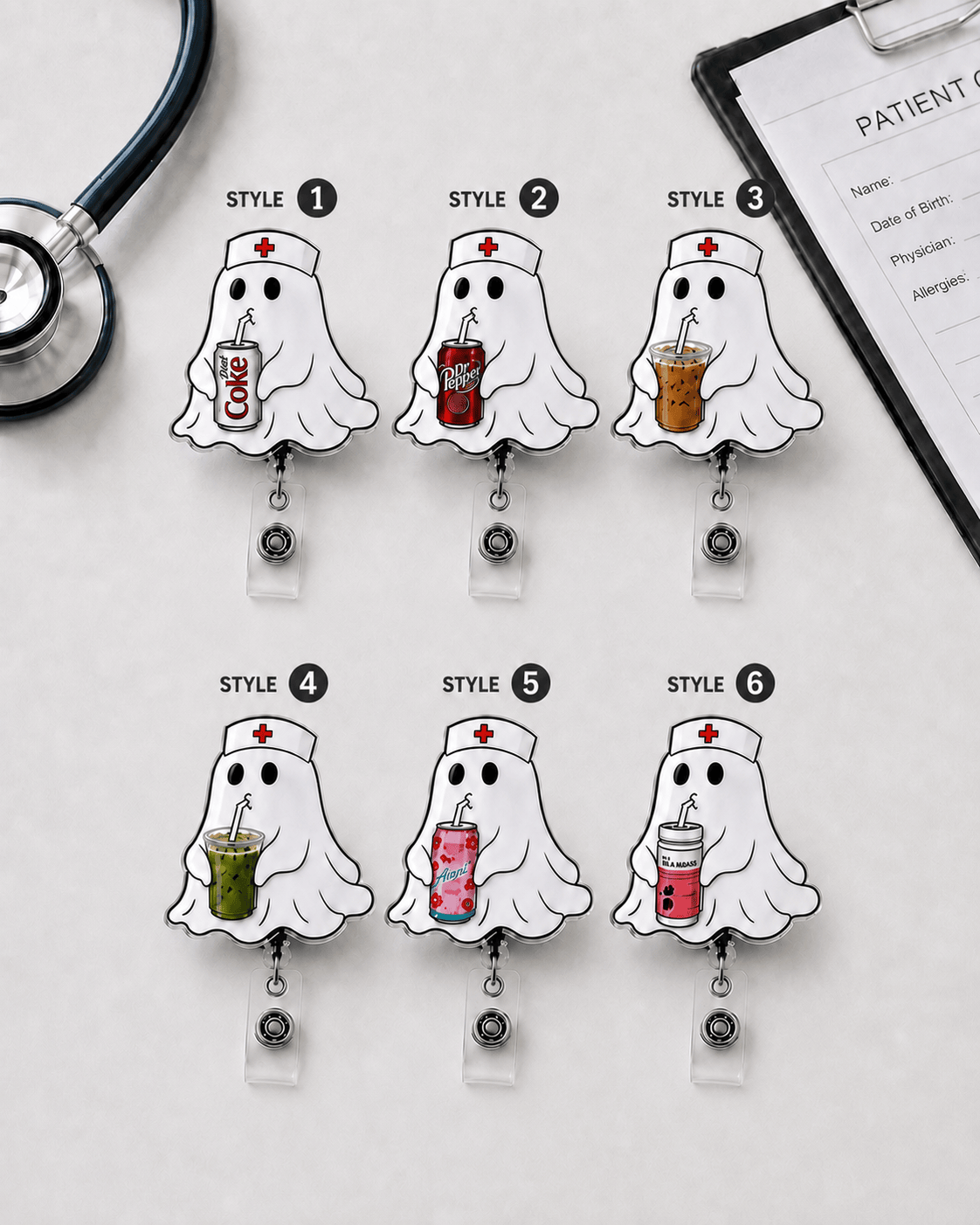 Halloween Ghost Badge Reel, Cute Nurse ID Holder with Drink Options Gift for Nurses