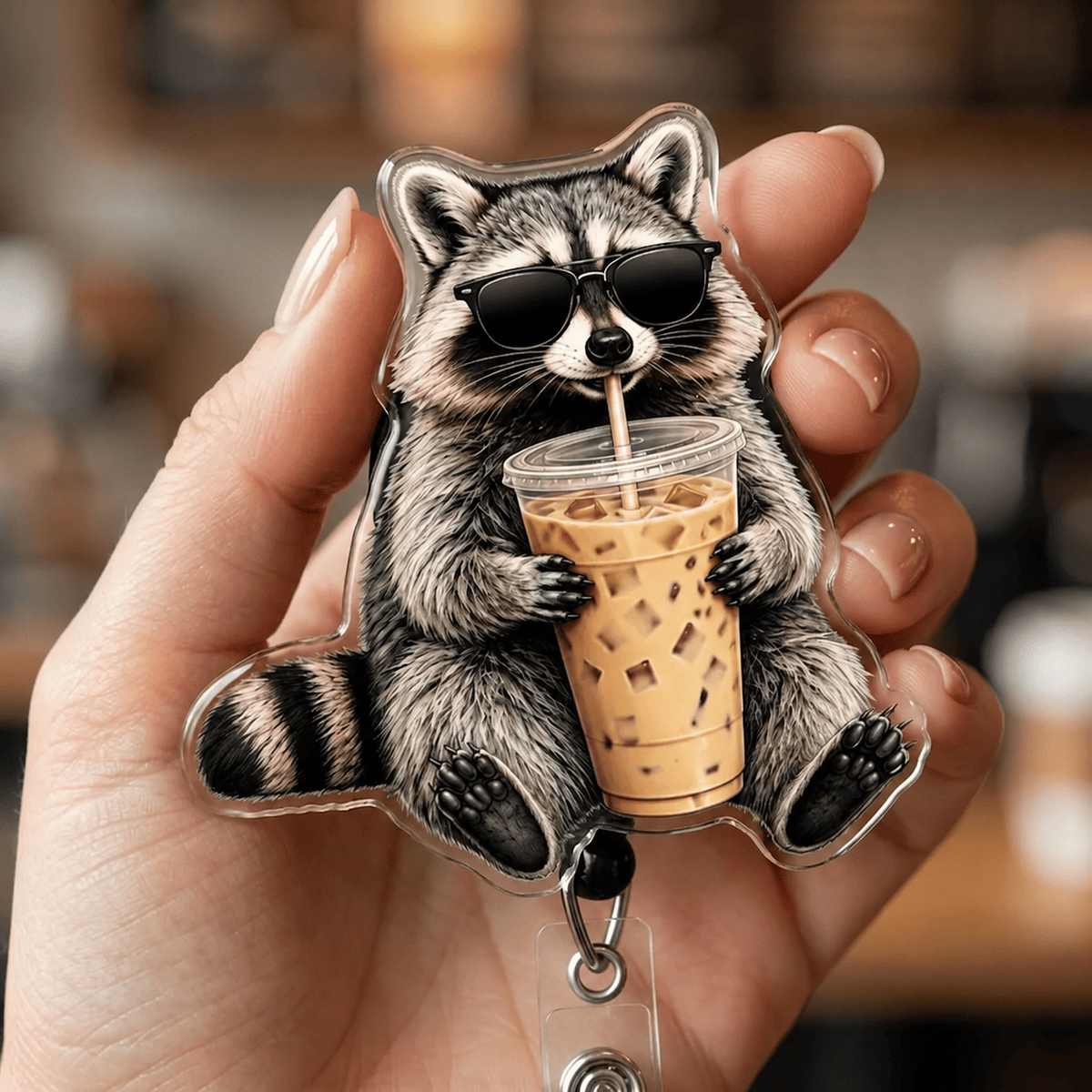 Funny Raccoon Coffee Badge Reel, Cute Iced Coffee Animal Badge Holder, Nurse Office Gift
