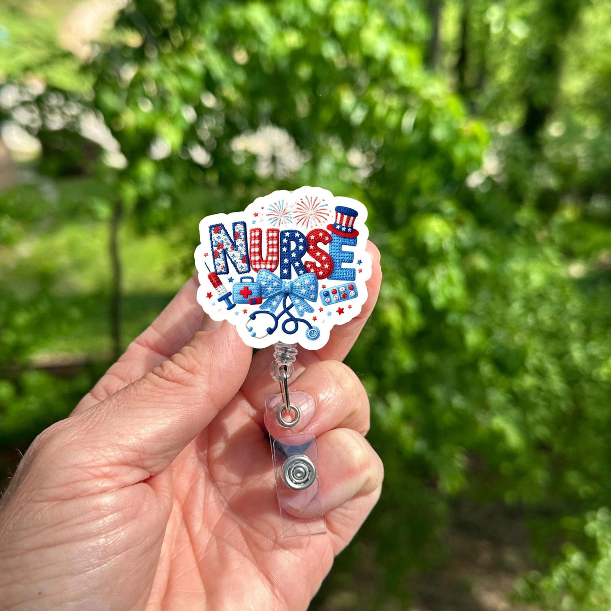 Patriotic Nurse Badge Reel Faux Embroidery Stethoscope Clip USA Medical ID Holder