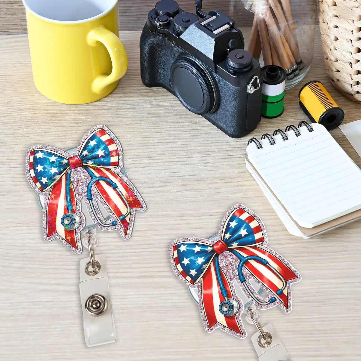 Patriotic Bow Badge Reel, Glitter USA Stethoscope ID Holder, Gift For Nurse