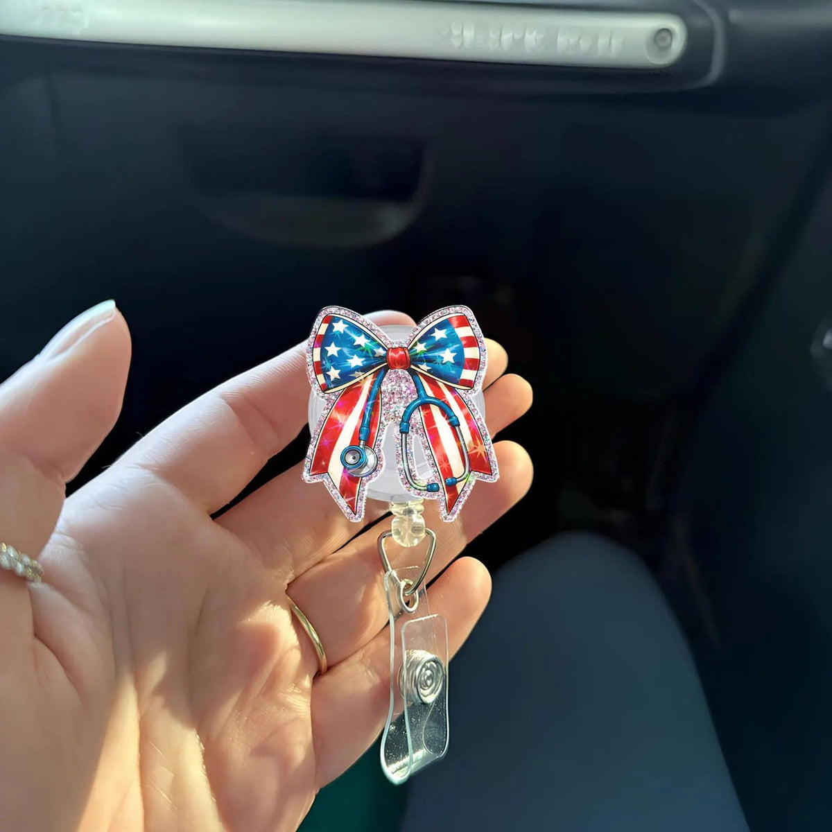Patriotic Bow Badge Reel, Glitter USA Stethoscope ID Holder, Gift For Nurse