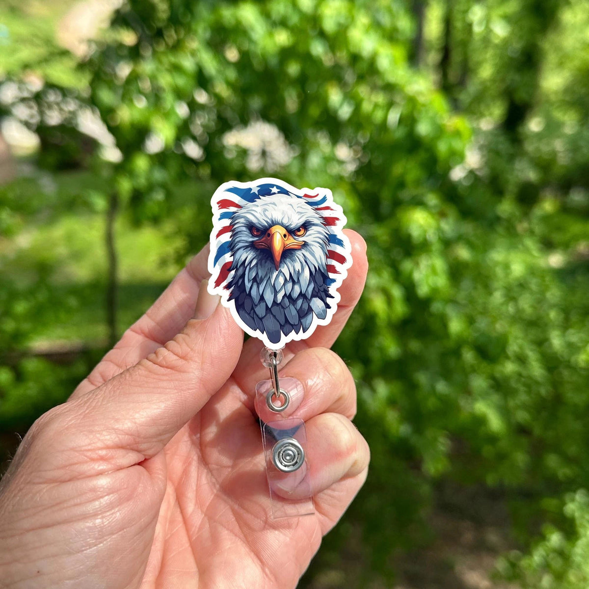 Patriotic Bald Eagle Badge Reel American Flag Retractable ID Holder Clip