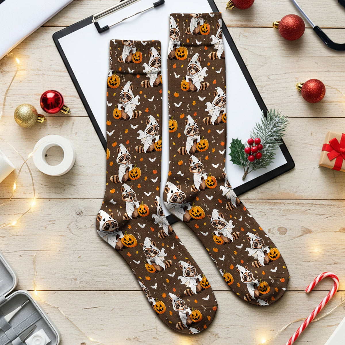 Halloween Ghost Raccoon Pumpkin Socks, Adult Socks for Men and Women