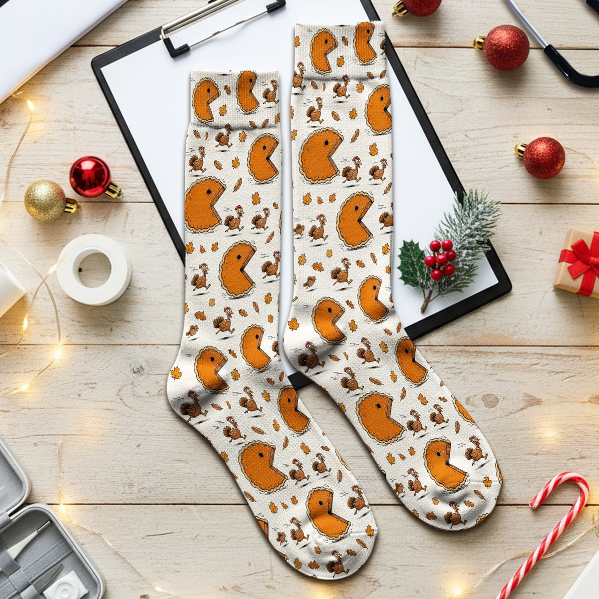 Thanksgiving Pie Chasing Turkey Socks, Adult Socks for Men and Women