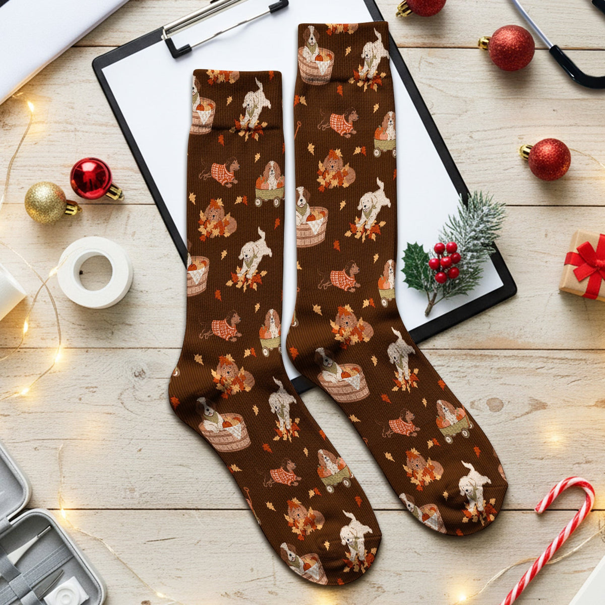 Cute Autumn Dogs And Falling Leaves Socks, Adult Socks for Men and Women