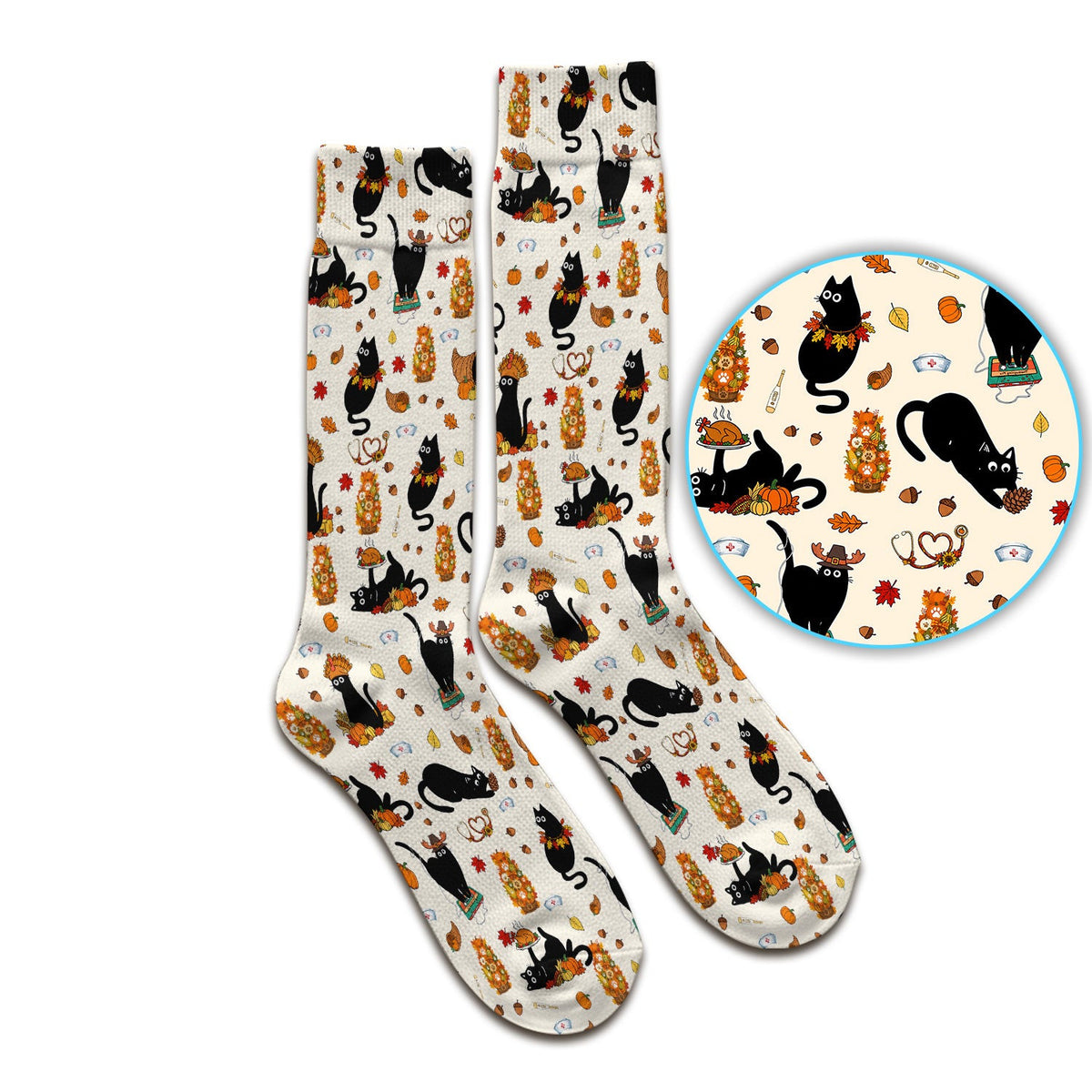 Cute Thanksgiving Black Cat Pattern Socks, Adult Socks for Men and Women