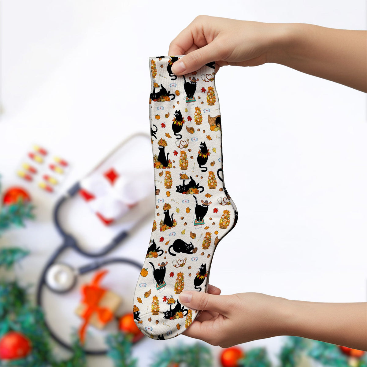 Cute Thanksgiving Black Cat Pattern Socks, Adult Socks for Men and Women