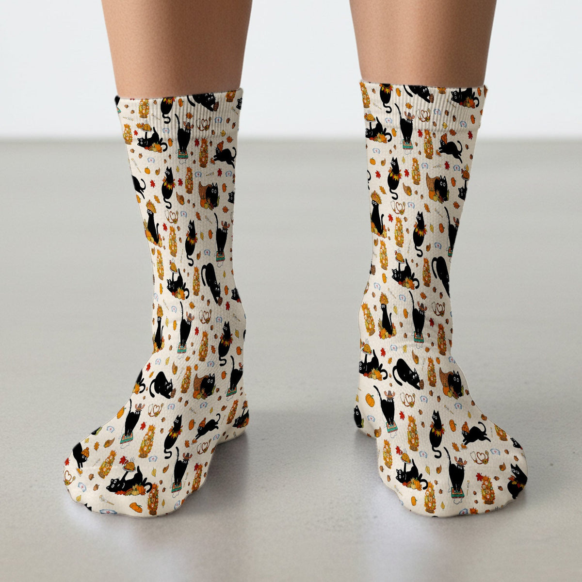 Cute Thanksgiving Black Cat Pattern Socks, Adult Socks for Men and Women