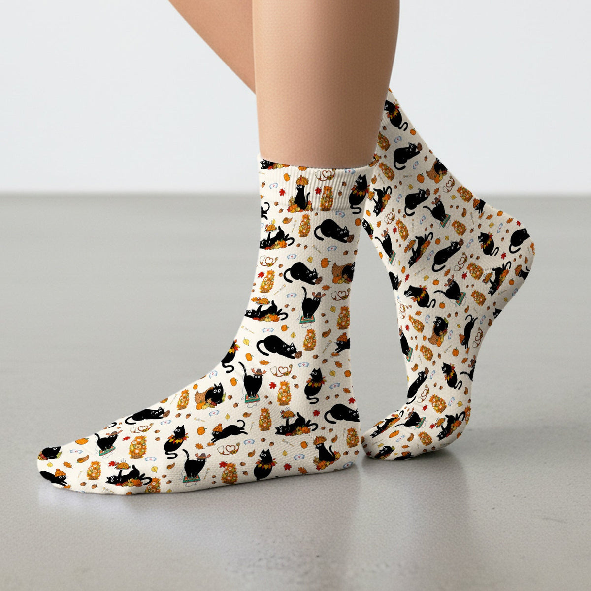 Cute Thanksgiving Black Cat Pattern Socks, Adult Socks for Men and Women