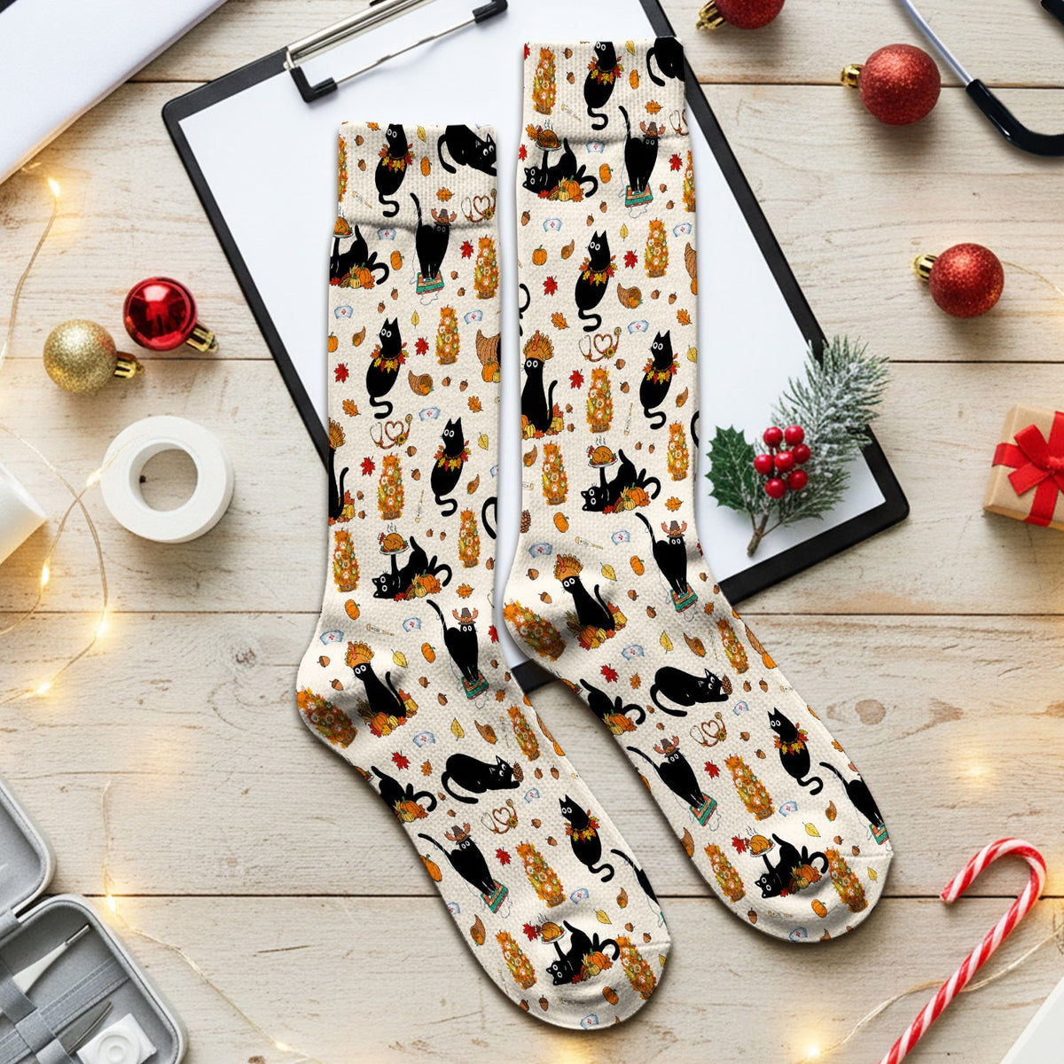 Cute Thanksgiving Black Cat Pattern Socks, Adult Socks for Men and Women