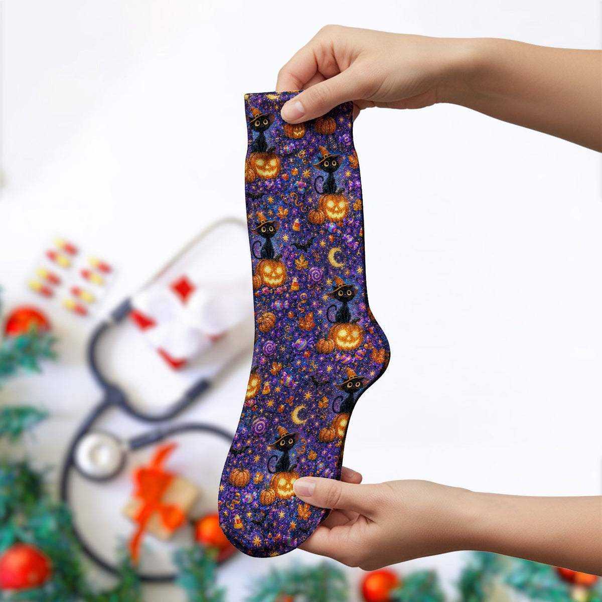 Mystical Halloween Witch Cat Socks, Adult Socks for Men and Women