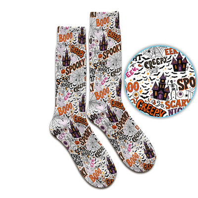 Spooky Halloween Haunted House Typography Socks, Adult Socks for Men and Women
