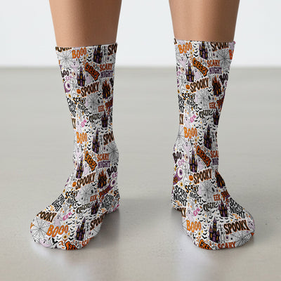 Spooky Halloween Haunted House Typography Socks, Adult Socks for Men and Women