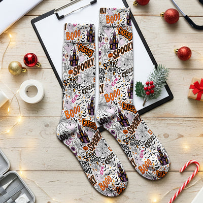 Spooky Halloween Haunted House Typography Socks, Adult Socks for Men and Women