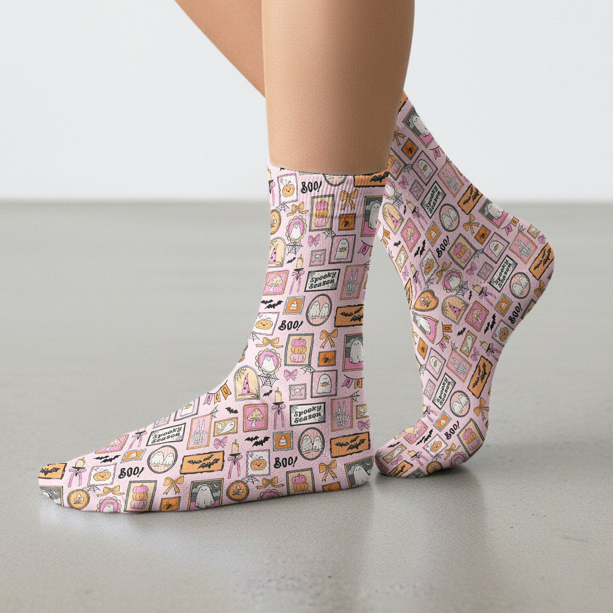 Pink Halloween Ghost Gallery Print Socks, Adult Socks for Men and Women