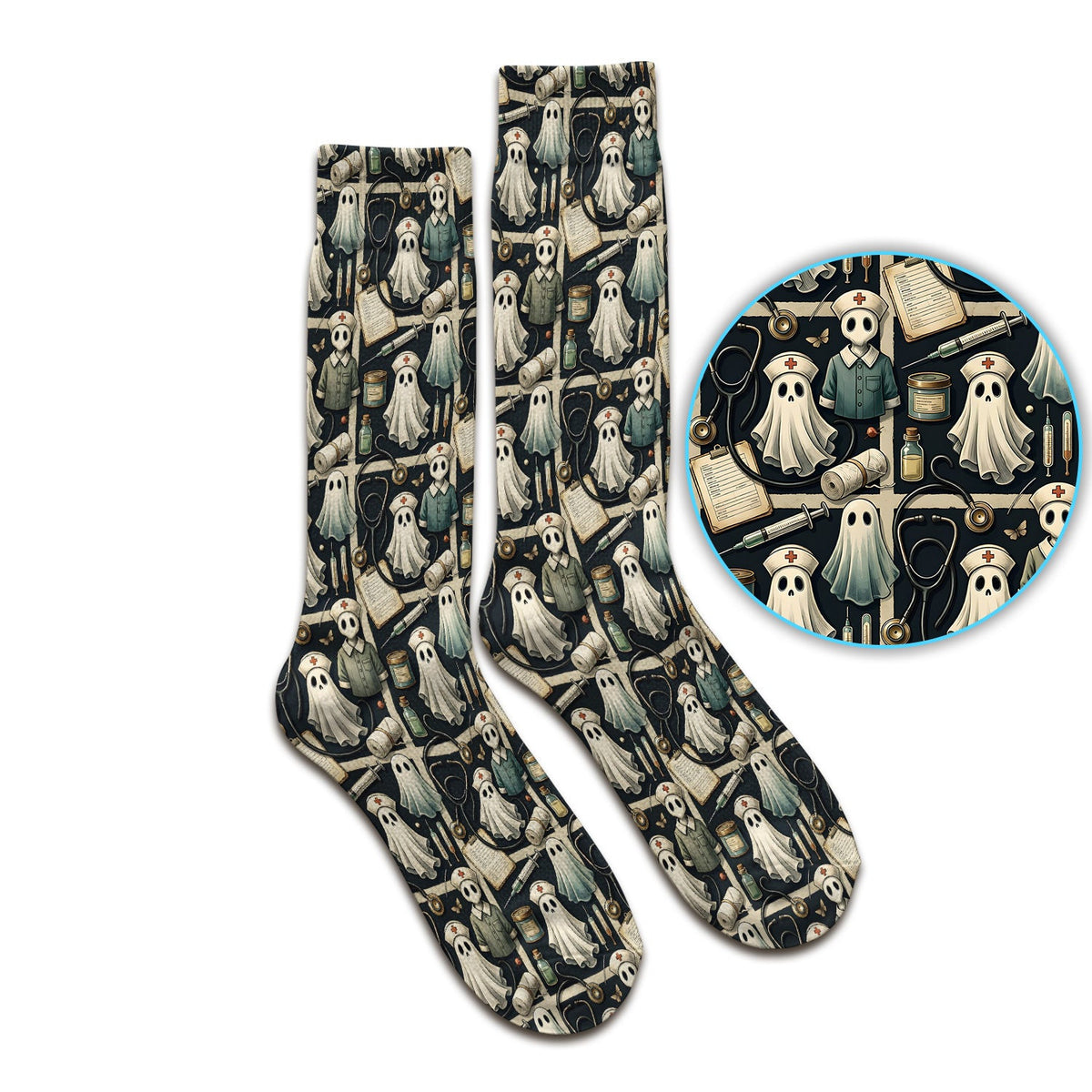 Spooky Halloween Ghost Nurse Print Socks, Adult Socks for Men and Women