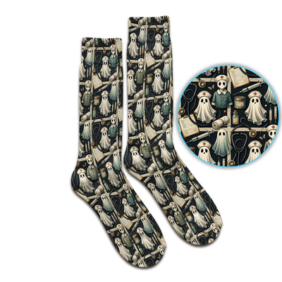 Spooky Halloween Ghost Nurse Print Socks, Adult Socks for Men and Women