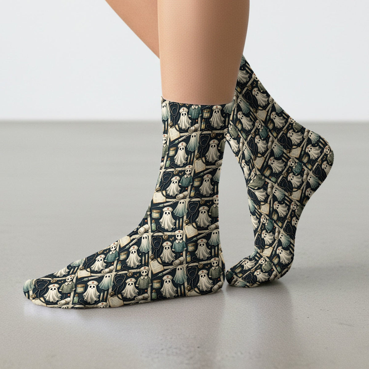Spooky Halloween Ghost Nurse Print Socks, Adult Socks for Men and Women